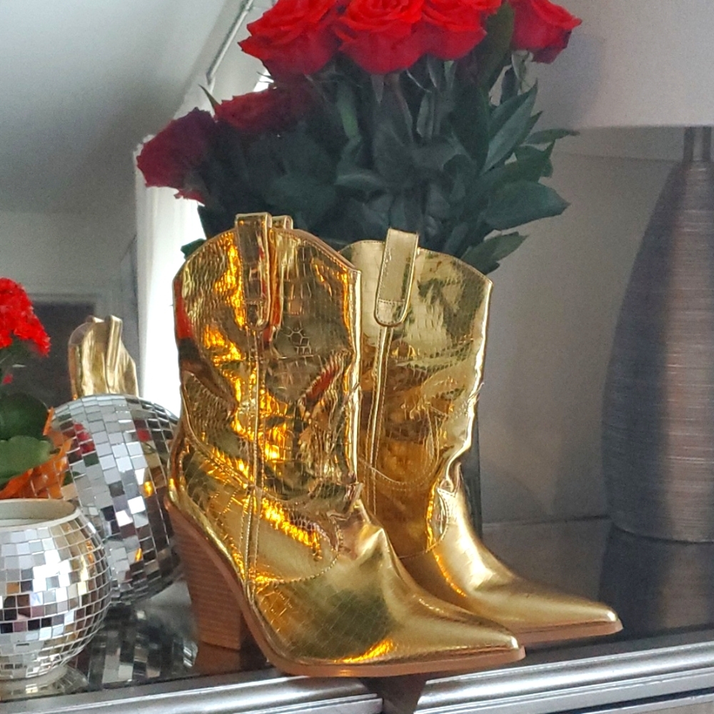 Faux Metallic Gold Cowgirl Mid ankle Boots